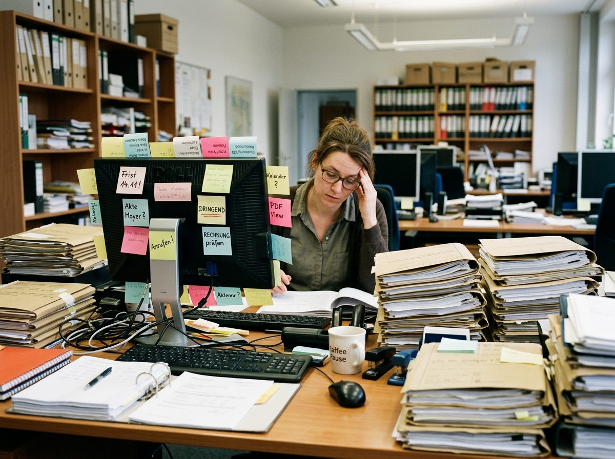 Bürokraft an einem überfüllten Schreibtisch mit Stapeln physischer Akten, klebendem Notizzettel-Chaos und mehreren offenen Browser-Tabs - das Bild von manueller Überlastung, keine Dramatisierung