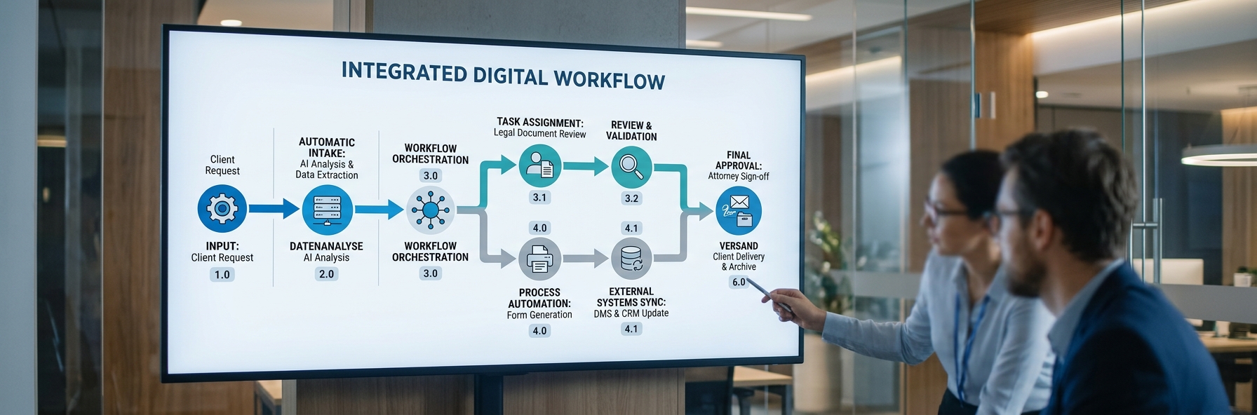 Schematische Darstellung oder Foto eines digitalen Workflows auf einem Bildschirm - Pfeile, Schritte, Automatisierungsdiagramm; sauber, technisch ohne übertriebene Futuristik