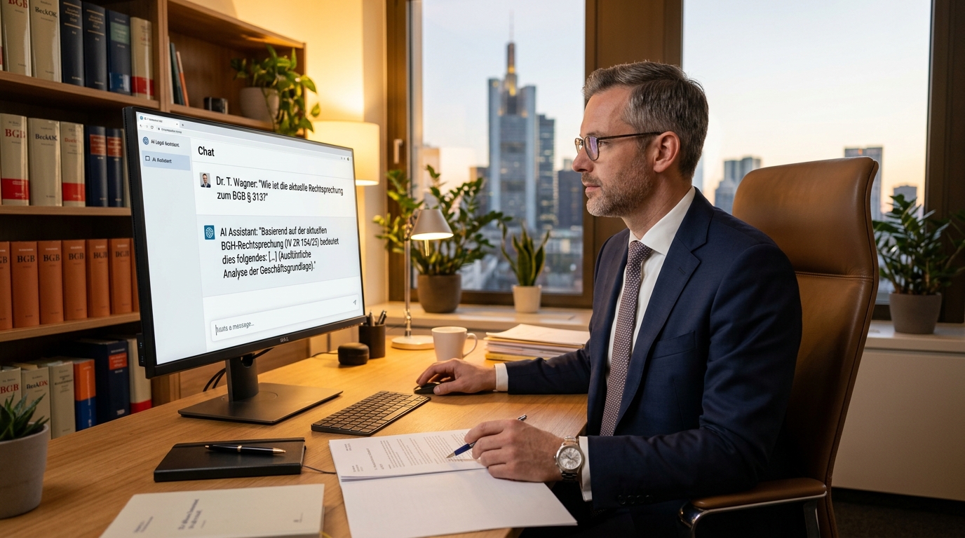 Anwalt oder Steuerberater schaut auf eine KI-Chat-Oberfläche auf dem Bildschirm - ruhige Konzentration, warmes Bürolicht, kein Sci-Fi-Look, keine blauen Hologramme
