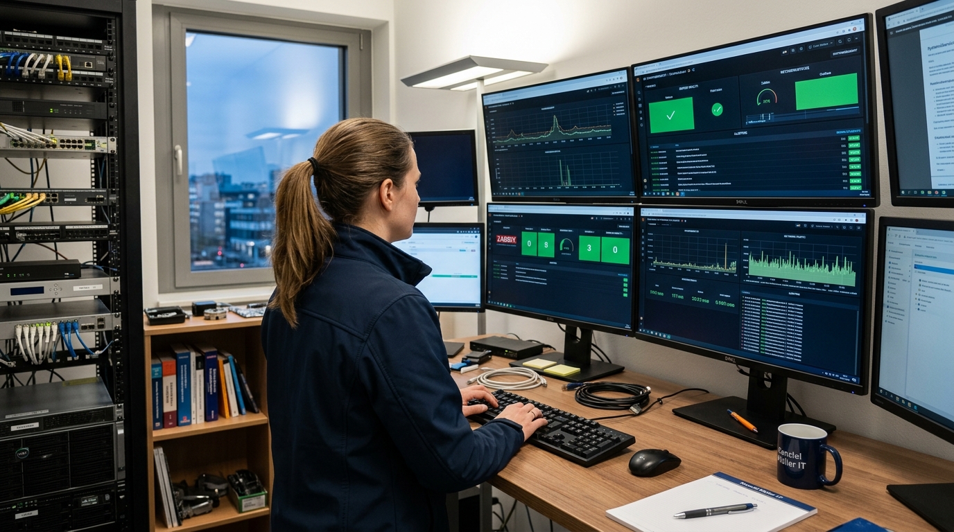 IT-Techniker (von hinten oder zur Seite) schaut auf mehrere Monitoring-Bildschirme in einem kleinen Technikraum - kein dramatisches Hochsicherheits-Setting, professionell und menschlich