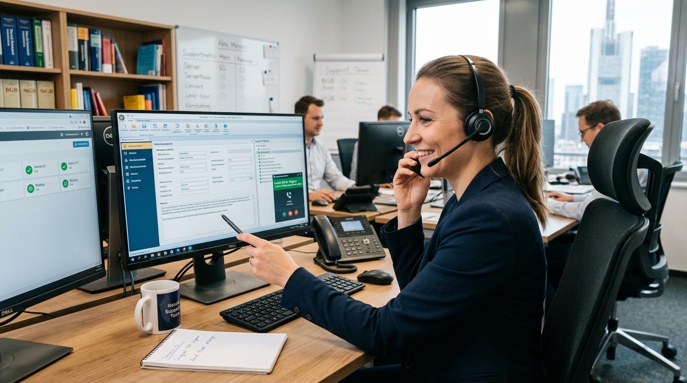 Person am Telefon-Headset arbeitet freundlich und konzentriert, Bildschirm mit Kanzleisoftware vor ihr - zeigt echten Helpdesk-Support, kein Call-Center-Klischee