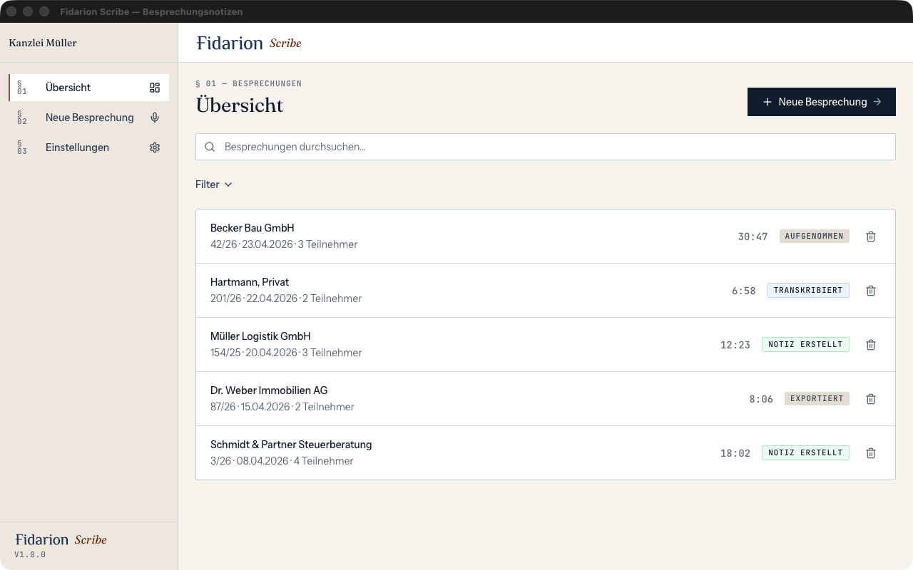 Fidarion Scribe – Übersicht aller Besprechungen mit Status