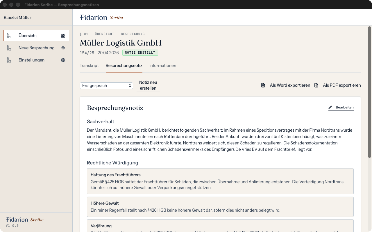 Fidarion Scribe – fertige Besprechungsnotiz mit Sachverhalt und rechtlicher Würdigung
