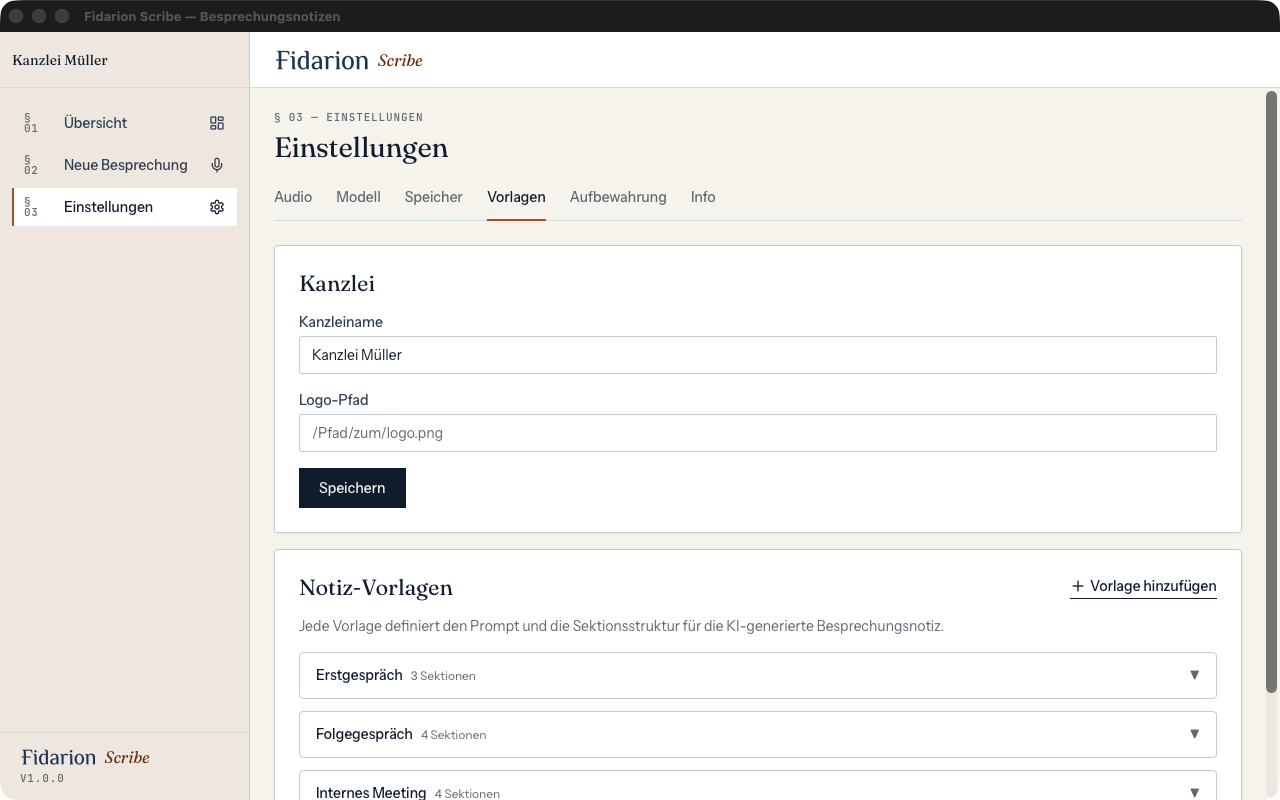 Fidarion Scribe – Einstellungen mit Kanzlei-Konfiguration und Notiz-Vorlagen für Erstgespräch, Folgegespräch und Internes Meeting