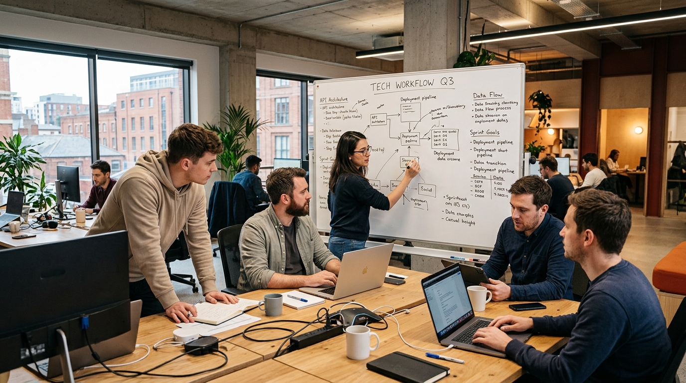 Team bei der Arbeit in einem zeitgemäßen Tech-Büro, informelle Atmosphäre, ein Mix aus Notebooks und Whiteboards, kein typisches Stockfoto-Lächeln - echtes Arbeitsumfeld