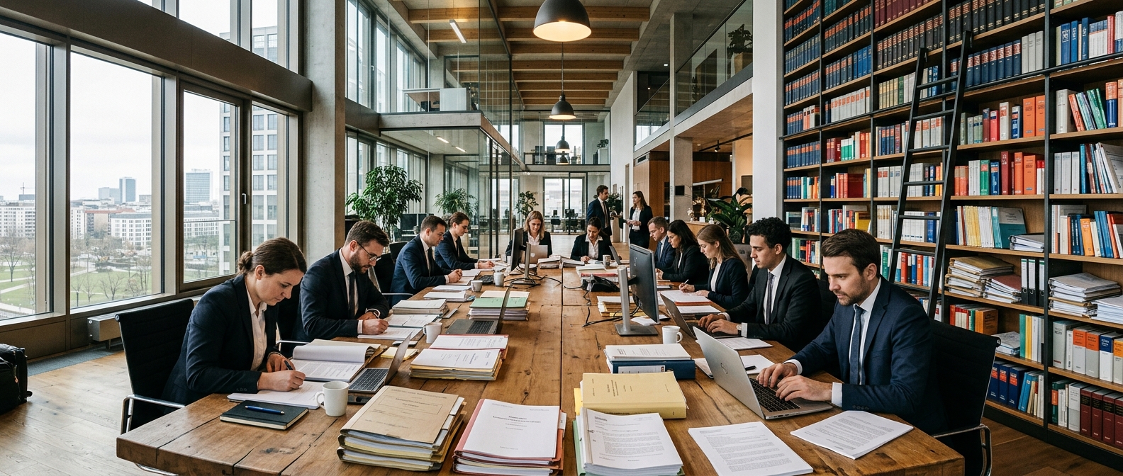 Panorama eines modernen Kanzleibüros - hohe Decken, Bücherreihen, ein langer Tisch mit Arbeitsunterlagen, niemand schaut in die Kamera, journalistische Perspektive