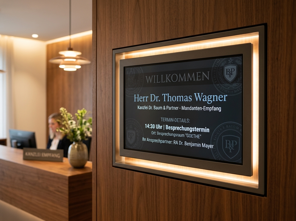 Nahaufnahme eines eleganten digitalen Displays an einer Wand in einem Kanzleiempfang - zeigt einen Mandantennamen und Termindetails, warmes indirektes Licht, hochwertiges Setting